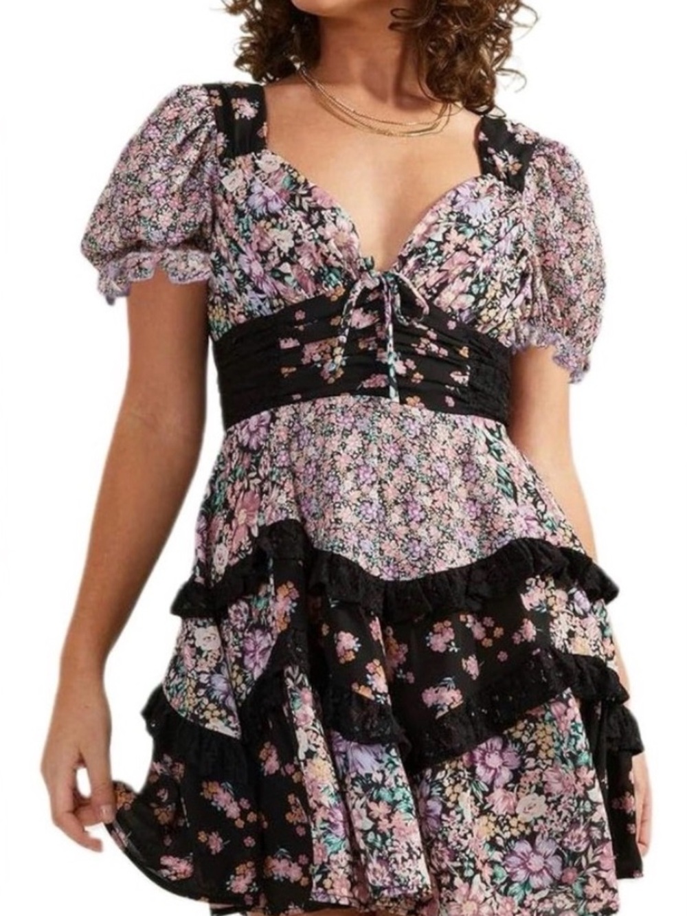 Altar’D State Aderny Floral Puff-Sleeve Mini Dress - Pink & Black